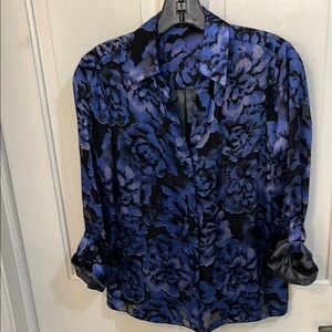 Alice + Olivia Blue & Black Collared 3/4” Sleeve Button Blouse